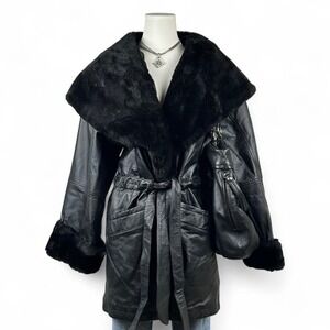 Vintage Leather Coat Wide Fur Collar Tie Waist Womens M Oversized Retro Glam